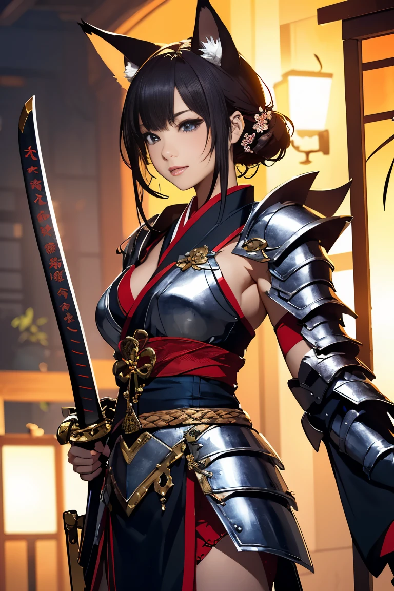 (((Looking away:1))), ((Look at another one:1)), fox incarnation、((Sexy Female Warrior))、Japan Yokai、Sexy fox female warrior with a Japanese sword、Fox ears、A figure holding a beautiful sword, ((sexy japan armor))