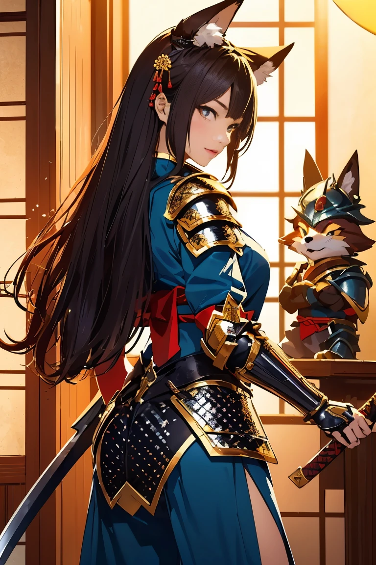 (((Looking away:1))), ((Look at another one:1)), fox incarnation、((Sexy Female Warrior))、Japan Yokai、Sexy fox female warrior with a Japanese sword、Fox ears、A figure holding a beautiful sword, ((sexy japan armor))