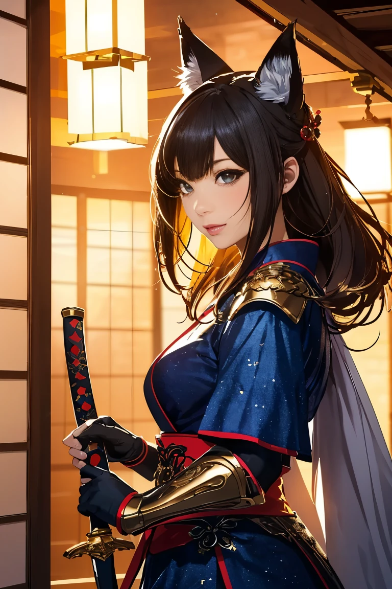 (((Looking away:1))), ((Look at another one:1)), fox incarnation、((Sexy Female Warrior))、Japan Yokai、Sexy fox female warrior with a Japanese sword、Fox ears、A figure holding a beautiful sword, ((sexy japan armor))