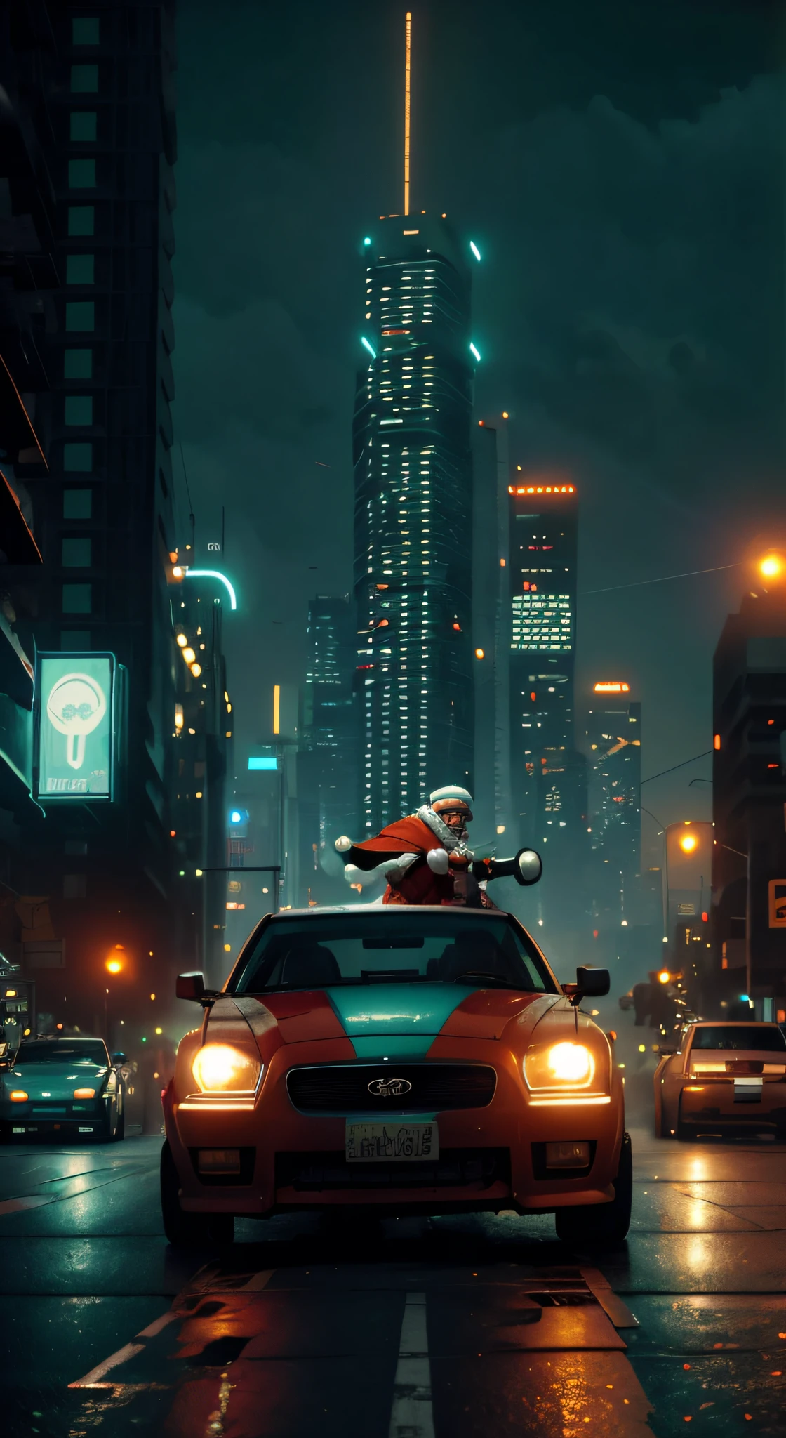 modern santa claus driving a car in a teal and orange cyberpunk city skyline, snthwve style nvinkpunk, by jeremy mann, punk rock, high detailed