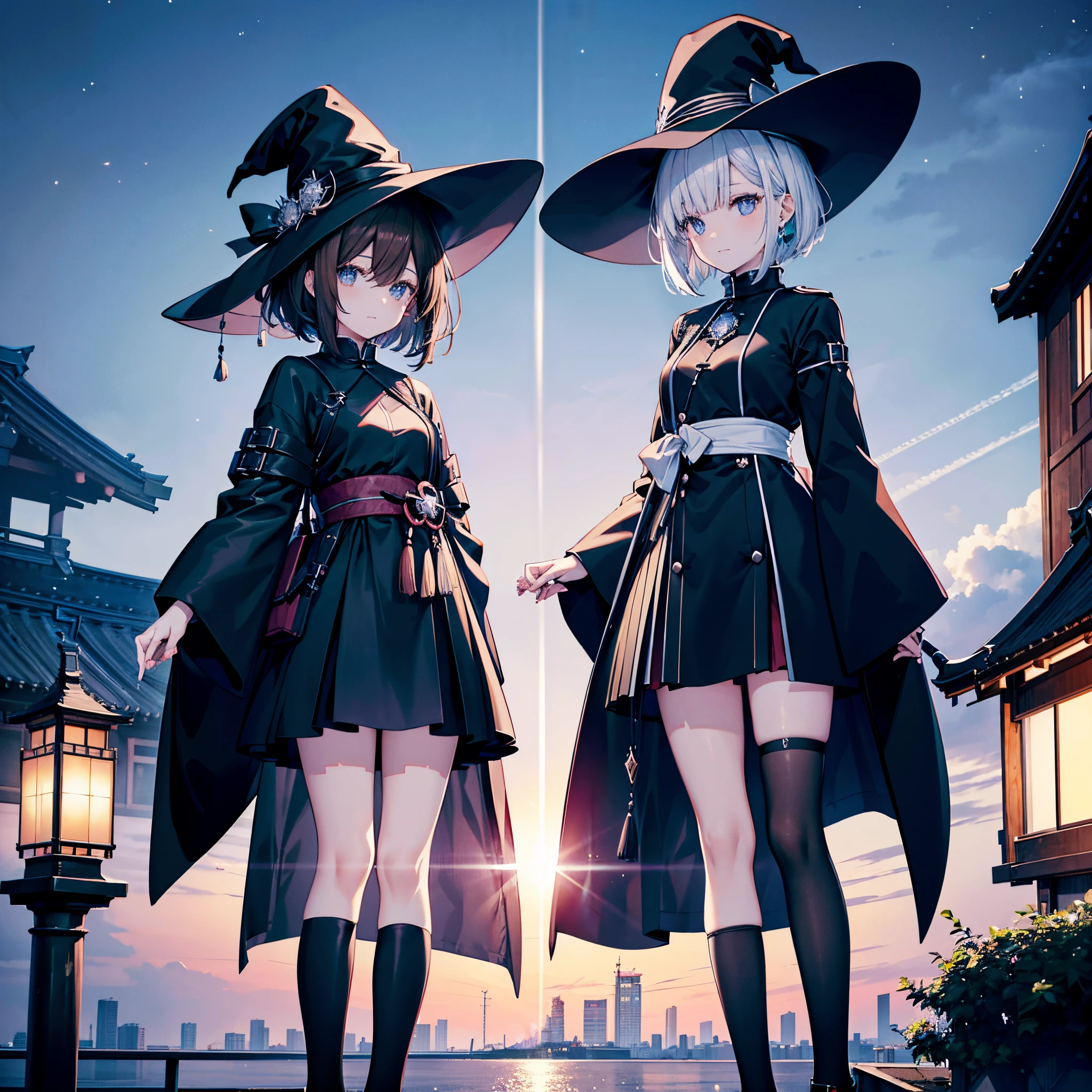 This is the rooftop of a building in Tokyo.、You can see the night view of Tokyo and the lights of Tokyo's port in the background.、I can see a meteor shower、There are two adult women, A and B, with their legs spread apart.、A is a woman with short white bob hair and a large black witch hat with sapphire accessories.、B is a woman with dark brown hair wearing a large black witch hat with garnet accessories、witch's hat、blue eyes、wearing a black coat、White T-shirt 、a black skirt、Black stockings、Black spats、Black sneakers with white shoelaces、Two-dimensional illustration、Japan Anime、drawn by Japanese ilastrator、high-level image quality、4K picture quality、High Quality、hight resolution、5 million pixels、high détails、beatiful backgrounds