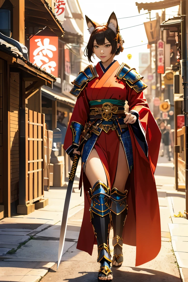 (((Looking away:1))), ((Look at another one:1)), fox incarnation、((Sexy Female Warrior))、Japan Yokai、Sexy fox female warrior with a Japanese sword、Fox ears、A figure holding a beautiful sword, ((sexy japan armor))