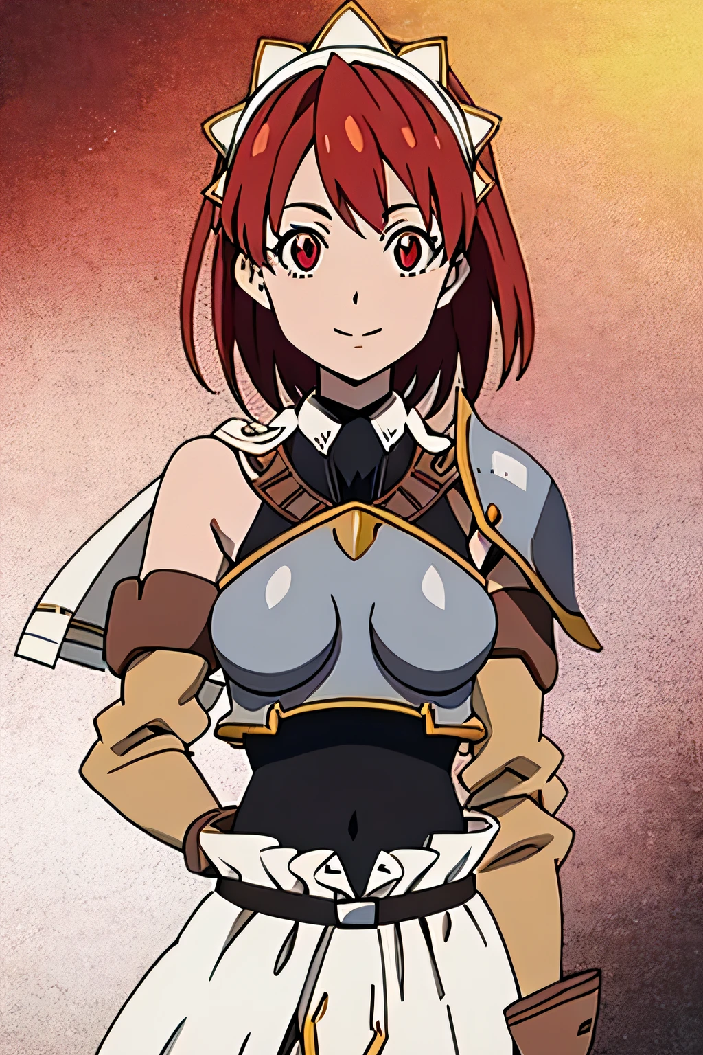 cecily campbell, armor, breastplate, white skirt, thighhighs, gloves, red hair, red eyes, 1girl, solo, facing viewer, looking at viewer, upper body, smile