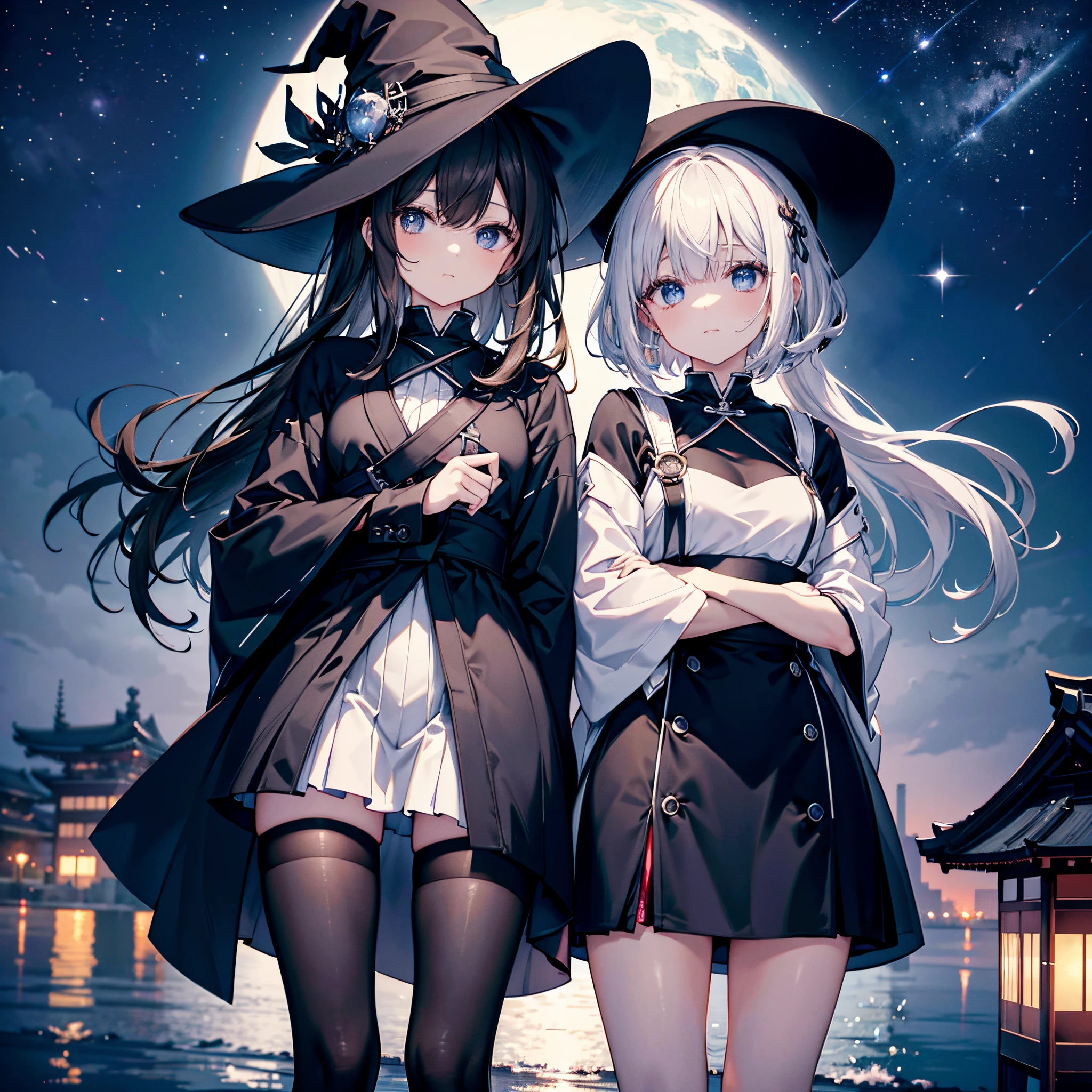 This is the rooftop of a building in Tokyo.、You can see the night view of Tokyo and the lights of Tokyo&#39;s port in the background.、I can see a meteor shower、There are two adult women, A and B, with their legs spread apart.、A is a woman with short white bob hair and a large black witch hat with sapphire accessories.、B is a woman with dark brown hair wearing a large black witch hat with garnet accessories、witch's hat、blue eyes、wearing a black coat、White T-shirt 、a black skirt、Black stockings、Black spats、Black sneakers with white shoelaces、Two-dimensional illustration、Japan Anime、drawn by Japanese ilastrator、high-level image quality、4K picture quality、High Quality、hight resolution、5 million pixels、high détails、beatiful backgrounds