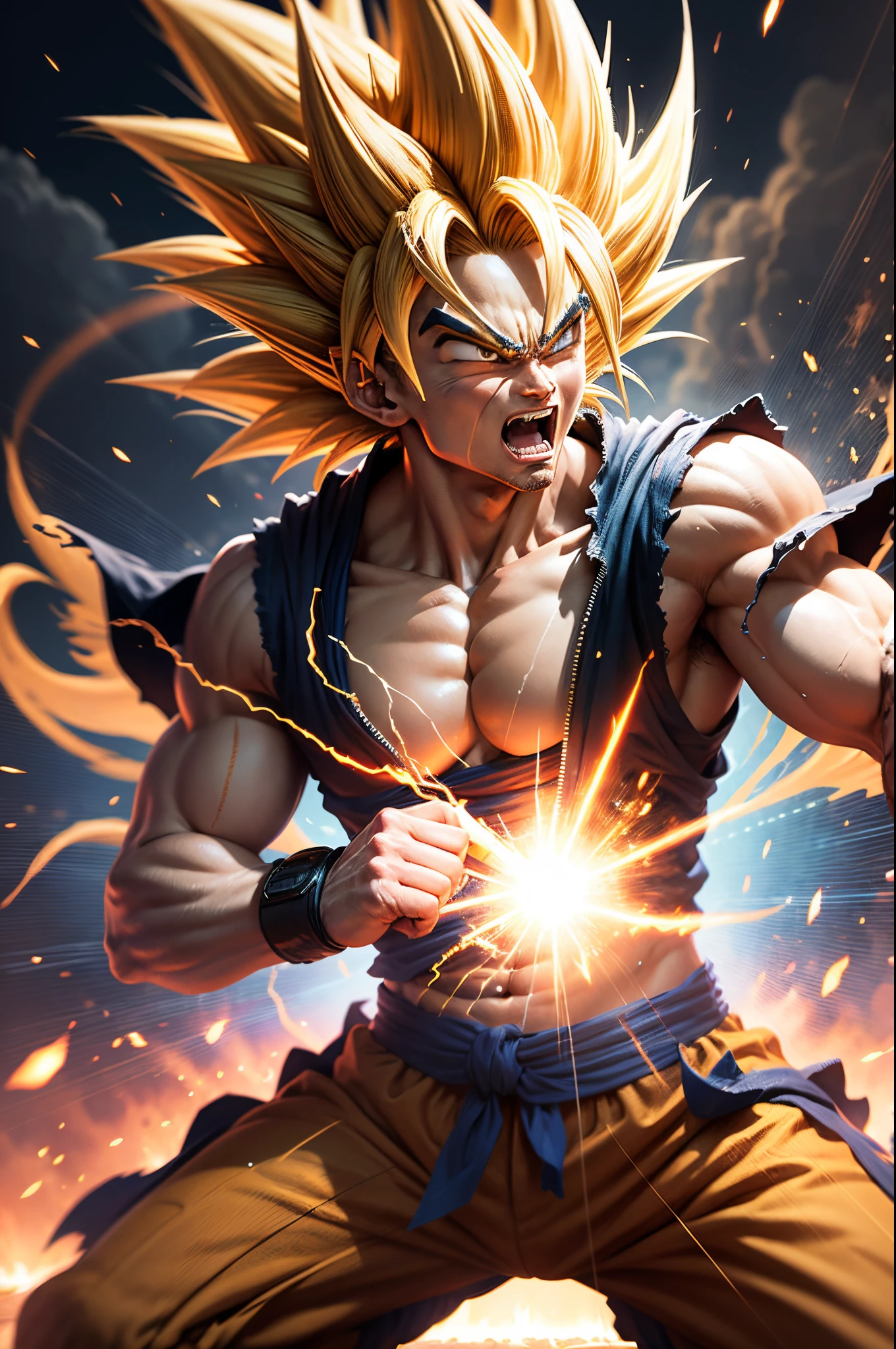 Masterpiece in maximum 16K resolution, Dragon Ball Z style. | On an epic battlefield, Goku achieves Super Saiyan power, his long hair transforming into a golden aura. The scene is lit by flashes of energy, highlighting the transformation. The camera, close to the warrior, captures every detail of the intensity of the moment, with Goku adopting a dynamic combat pose. His clenched fists, glowing eyes, and the pulsing energy around him make for an iconic sight. | Three-dimensional composition, cinematic lighting. | Epic scene of Goku, transformed into a Super Saiyan, about to unleash his power on an intense battlefield --auto --s2