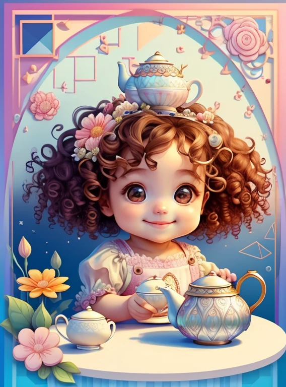 (cute  smiling with curly hair and tea pot and flowers), Munchkin ,Geometric multidimensional wall portrait, livro de arte, Tchibi,
Yang08k, Beautiful, Colouring,
Obras, of the highest quality, best quality, Arte Oficial, Beautiful and Aesthetic,