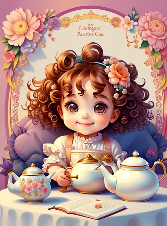 (cute baby girl smiling with curly hair and tea pot and flowers), Munchkin ,Geometric multidimensional wall portrait, livro de arte, Tchibi,
Yang08k, Beautiful, Colouring,
Obras, of the highest quality, best quality, Arte Oficial, Beautiful and Aesthetic,