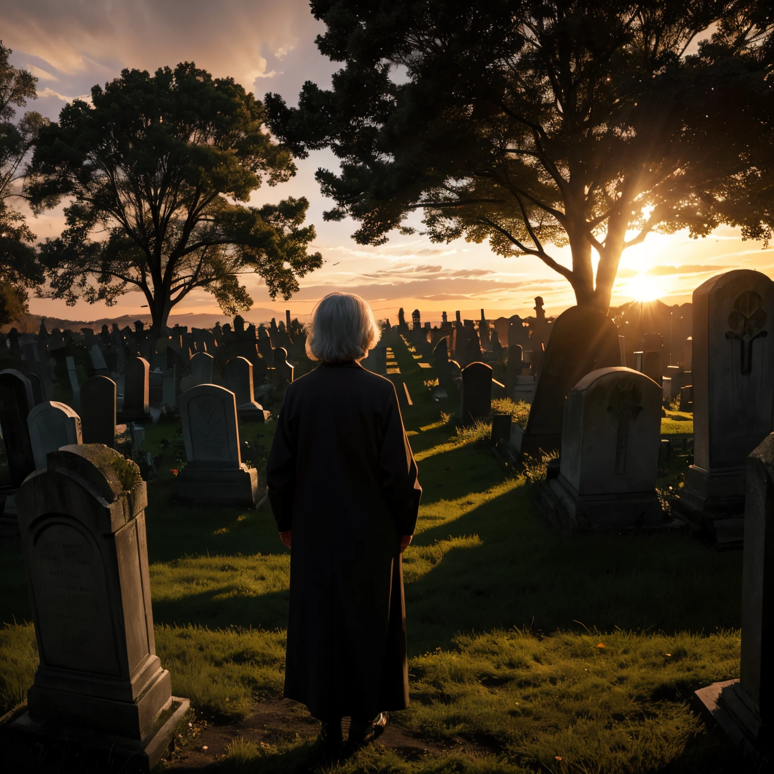 elderly hunched woman, from behind her, looks at a scene in front of her of a messy graveyard., the huge sun dramatically sets over the graveyard in the center of the composition, casting dramatic warm light., centered composition, perspective from over her head, looks peaceful, kind, dramatic.