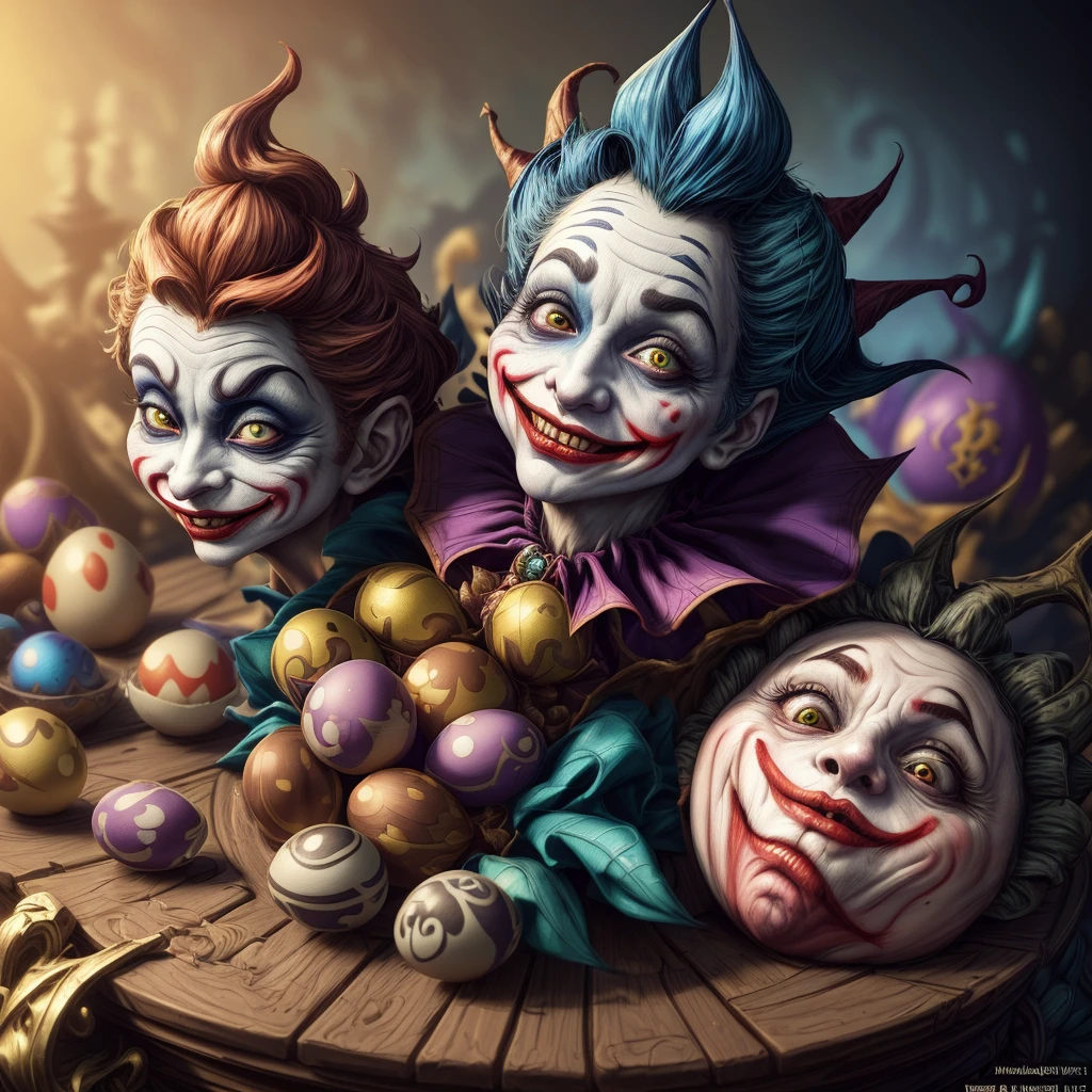 there is a card with a joker face on it surrounded by eggs, michael cheval (unreal engine, collectible card art, 8k high quality detailed art, jester themed, fantasy card game art, medieval jester, anton fadeev 8 k, hyper real render, hearthstone card artwork, 8k render”, hearthstone card art, trending on artstation 4k