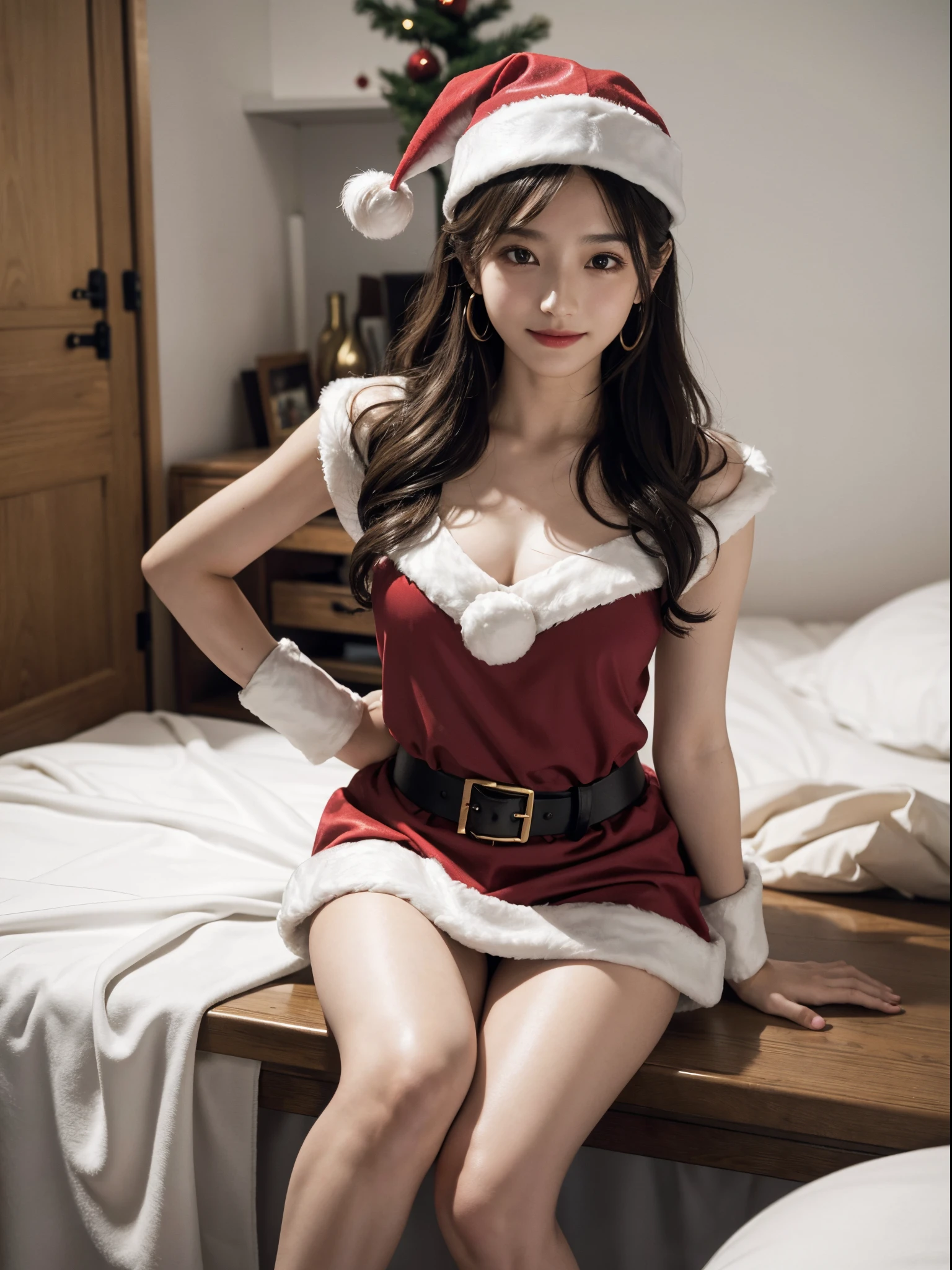 absurderes, Raw photo,🎉🎅🍰🎄🎄 Extremely delicate and beautiful,cute little、 A smile、１２age、hi-school girl、masutepiece, Best Quality, Ultra High Resolution, Very gorgeous bedroom、wining、wine glasses、 hyper realisitic, Ultra-detailed, (Perfect Anatomy), super detailed skin, Perfect figure, Very detailed CG 8k wallpaper, in her 20s, Very slim body, Narrow waist, small head, a small face, Delicate facial features, tear moles, Earring, thin legs, (very massive round chest), ((3 girls)), Full body shot, Twin-tailed, Wavy Hair, (((Santa Cosplay))),