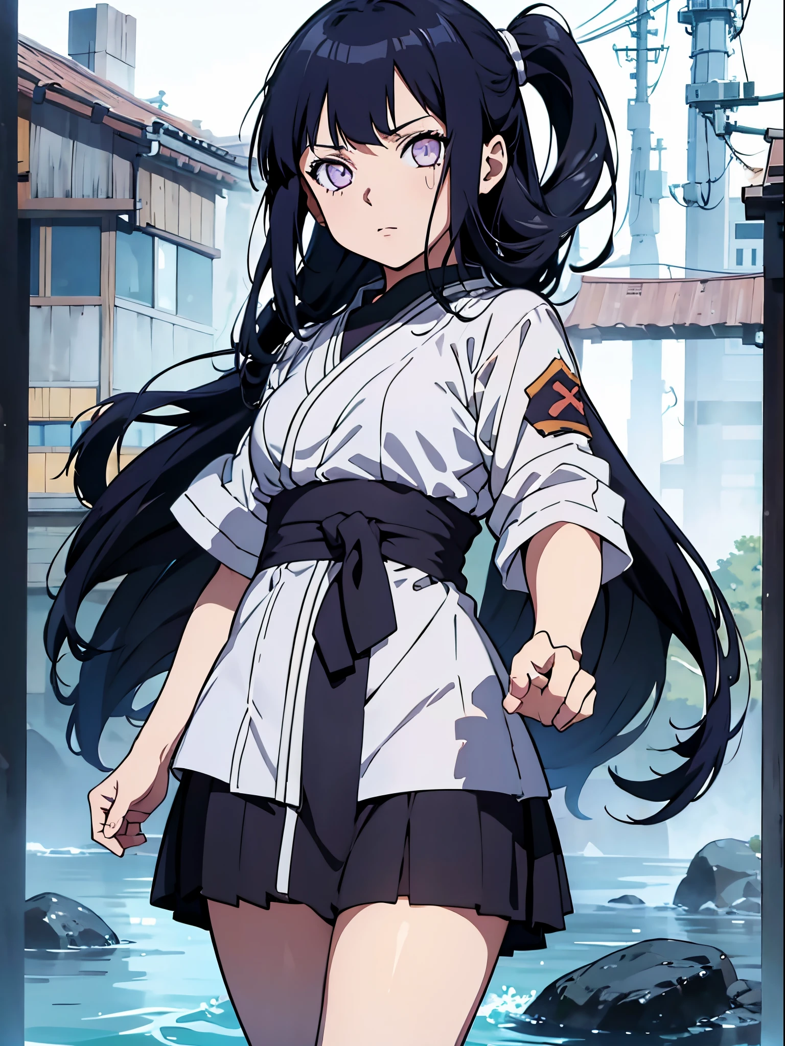 Hyuga prodigy, Young kunoichi with flowing dark blue locks and mesmerizing Byakugan eyes, showcased in a full-body shot. Standing confidently before the majestic Konoha Academy, immerse the scene in the distinctive artistic style of the Naruto anime. Highlight every detail of her Hyuga clan attire, from the intricacies of her robe to the bandages on her arms, capturing the essence of tradition and strength