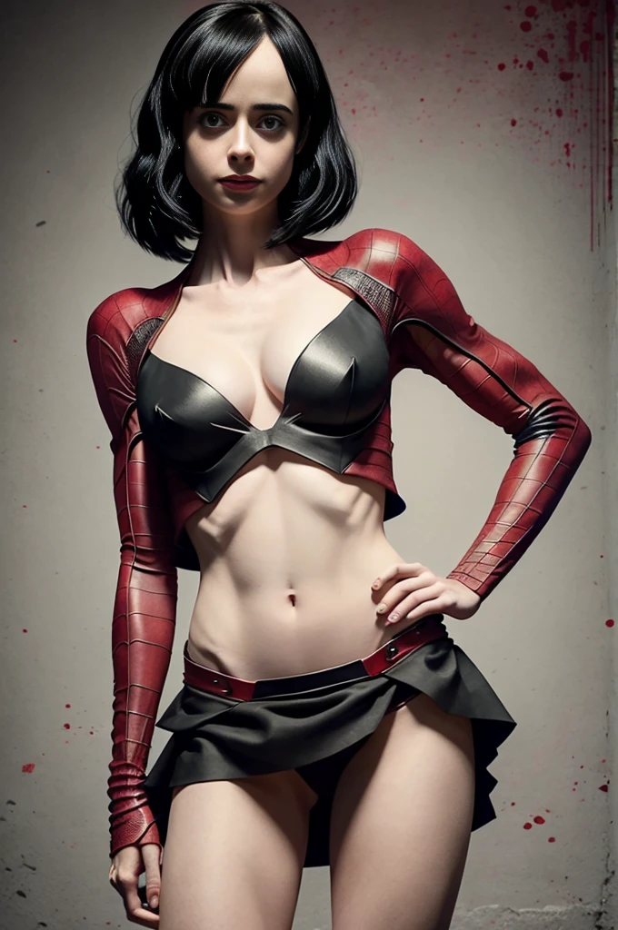 Krysten Ritter、Sticking out the navel、newyork、She wears a torn Spider-Man suit,wearing skirt、 Red and black color scheme,Dynamic、masterpiece、top-quality、ultra-detailliert、ighly detailed、beautiful detailed brilliance、超A high resolution
