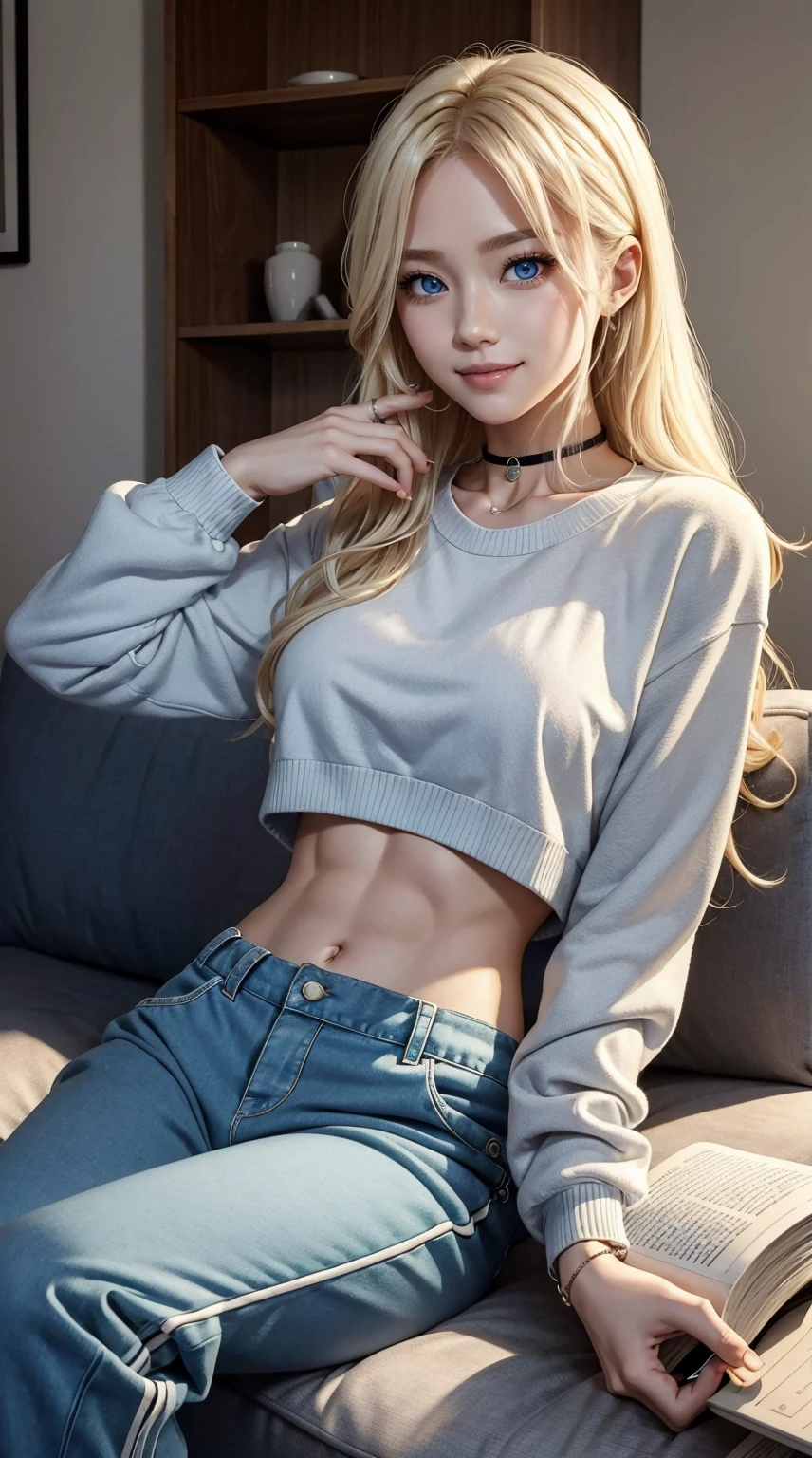 25-year-old Caucasian woman、platinum-blonde、blue eyess、Semi-long、My hair is wavy、accessories on the wrist、wearing a choker、My abs are cracked、I can see the belly button、slim muscular body、I don&#39;t want my head to disappear from the screen.、I&#39;m wearing sweatshirts and jersey pants.、sitting on the floor in the living room at home、using a cushion as a backrest、holding an open book in hand、Watching a book、I'm pounding my chest、a smile