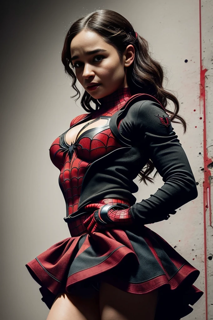 Emilia Clark、Sticking out the navel、newyork、She wears a torn Spider-Man suit,wearing skirt、 Red and black color scheme,Dynamic、masterpiece、top-quality、ultra-detailliert、ighly detailed、beautiful detailed brilliance、超A high resolution