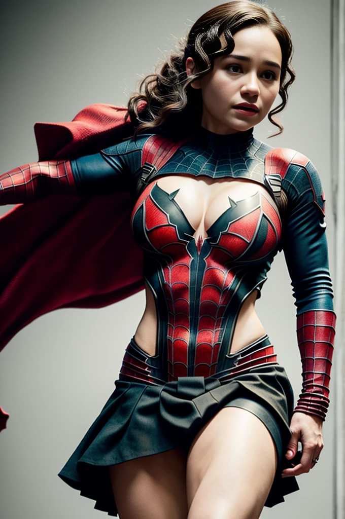 Emilia Clark、Sticking out the navel、newyork、She wears a torn Spider-Man suit,wearing skirt、 Red and black color scheme,Dynamic、masterpiece、top-quality、ultra-detailliert、ighly detailed、beautiful detailed brilliance、超A high resolution