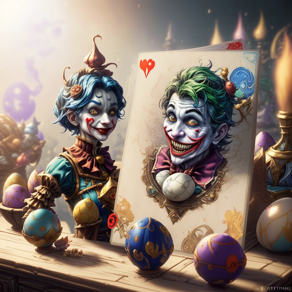 there is a card with a joker face on it surrounded by eggs, michael cheval (unreal engine, collectible card art, 8k high quality detailed art, jester themed, fantasy card game art, medieval jester, anton fadeev 8 k, hyper real render, hearthstone card artwork, 8k render”, hearthstone card art, trending on artstation 4k
