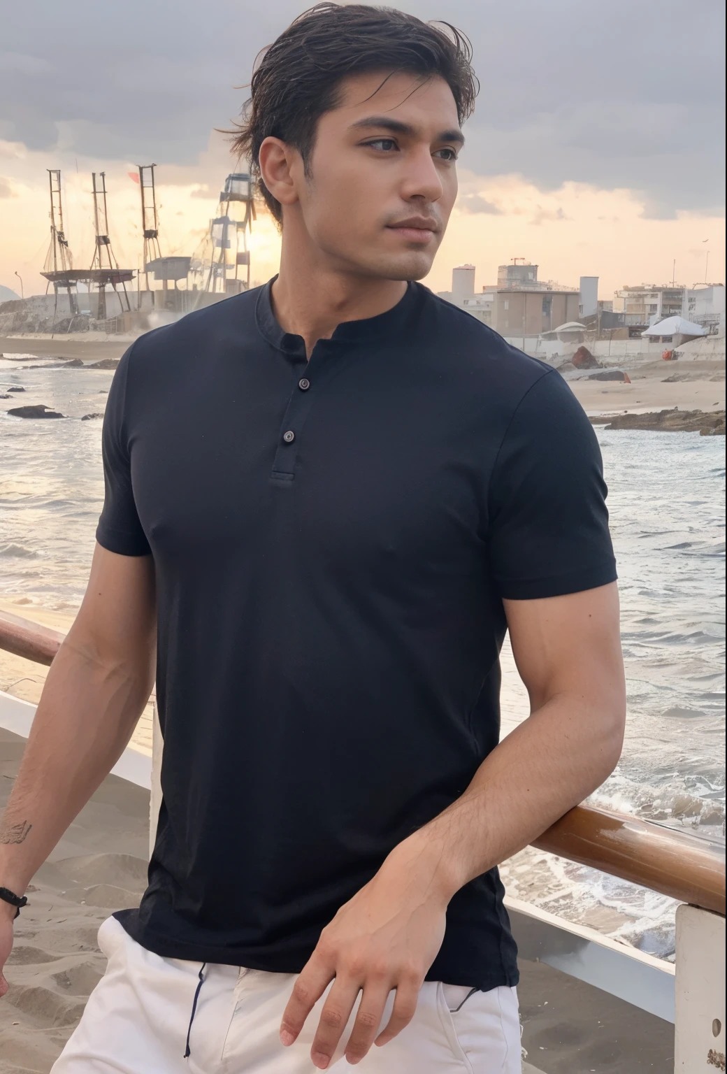 hombre sexy musculoso sin su camiseta en la playa