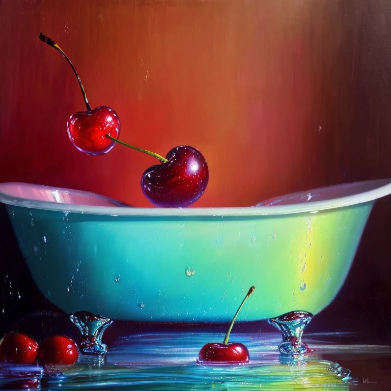 (a)still life with Funny (a:1.1)cherry in the (a:1.1)bath, (medium:1.1)oil painting, (vibrant colors:1.1), (soft lighting:1.1), (best quality,4k,8k,highres,masterpiece:1.2), (ultra-detailed), (realistic,photorealistic,photo-realistic:1.37), (detailed cherry:1.1), only 1 cherry on the picture, (water droplets on cherry:1.1), (glossy surface:1.1), (realistic texture:1.1)