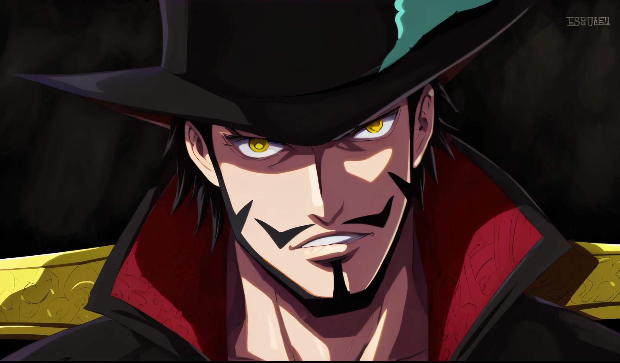 1boy, wanostyle, gol d roger, smiling, pirate hat on head, looking at viewer, solo, upper body, ((masterpiece)), (best quality), (extremely detailed), depth of field, sketch, dark intense shadows, sharp focus, soft lighting, hdr, colorful, good composition, ((blue and black bolt shaped haki glow)), spectacular, closed shirt, anime screencap, scar under eye, ready to fight, blue eyes, (old), black hair, black beard, pirate, (glow from eyes)