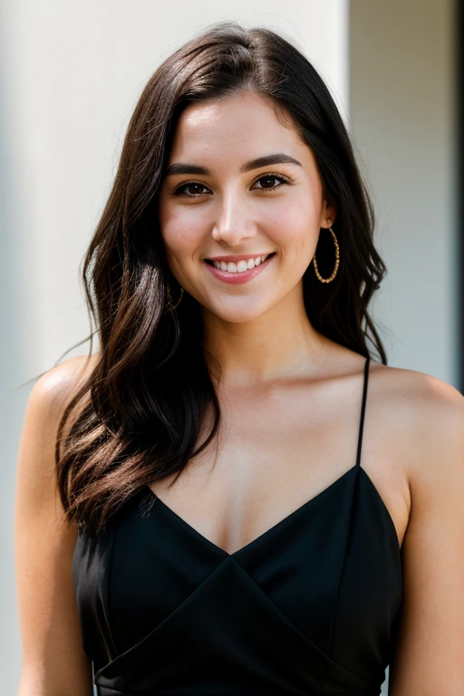 RAW photo, face portrait photo of beautiful 26 y.o woman, cute face, wearing black dress, happy face, hard shadows, cinematic shot, dramatic lighting, dark brown hair
