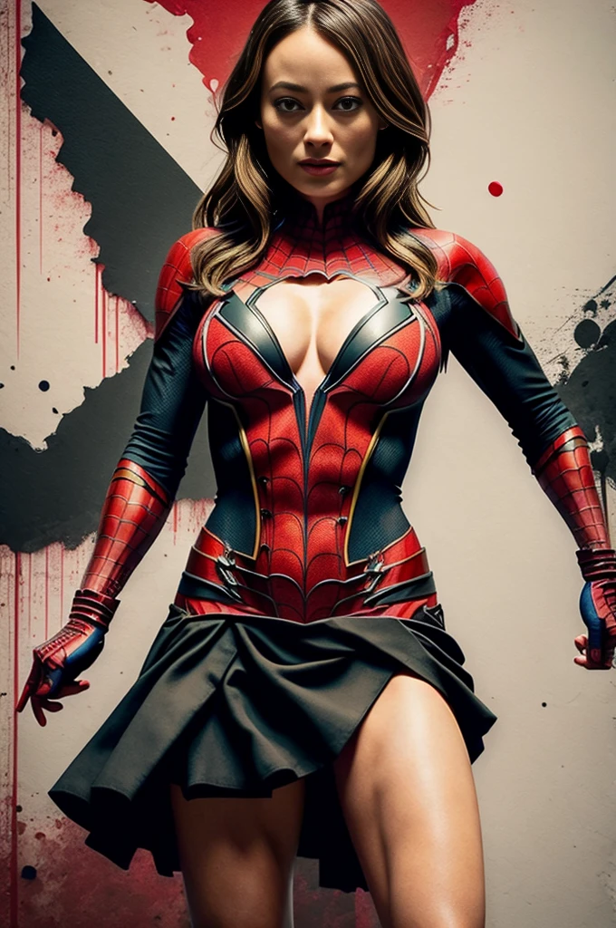 Olivia Wilde、Sticking out the navel、newyork、She wears a torn Spider-Man suit,wearing skirt、 Red and black color scheme,Dynamic、masterpiece、top-quality、ultra-detailliert、ighly detailed、beautiful detailed brilliance、超A high resolution