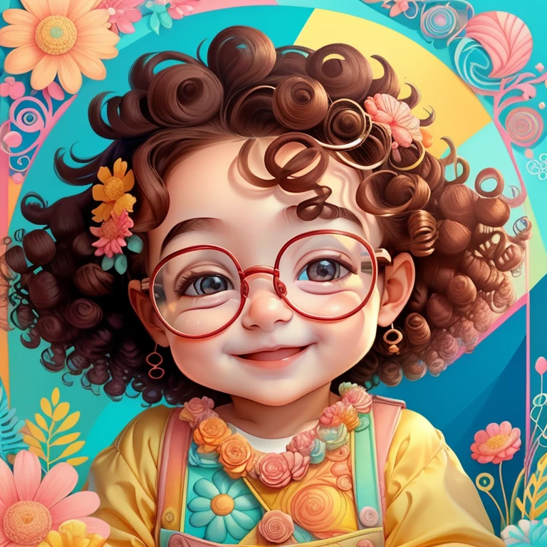 (cute baby girl smiling with curly hair and glasses and flowers), Munchkin ,Geometric multidimensional wall portrait, livro de arte, Tchibi,
Yang08k, Beautiful, Colouring,
Obras, of the highest quality, best quality, Arte Oficial, Beautiful and Aesthetic,