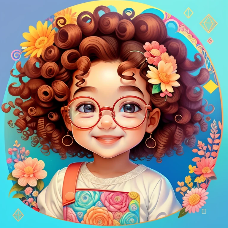 (cute baby girl smiling with curly hair and glasses and flowers), Munchkin ,Geometric multidimensional wall portrait, livro de arte, Tchibi,
Yang08k, Beautiful, Colouring,
Obras, of the highest quality, best quality, Arte Oficial, Beautiful and Aesthetic,