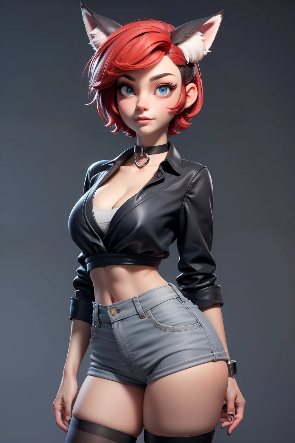 1girl, ager, solo, ahegao, (short pixie cut Hair, undercut red hair: 1.28), ((light gray eyes)), some small freckles, (dark fox ears: 1.35), pale skin, large breasts, cleavage, (thin hips, thin waist , athletic body: 1.25), simple background, looking away, (tight ripped black shirt, choker, short shorts, thigh high stockings, plaid b&w sneakers: 1.11), masterpiece, best quality,3d rending work ,3DMM style, close-up, portrait, 3D,
