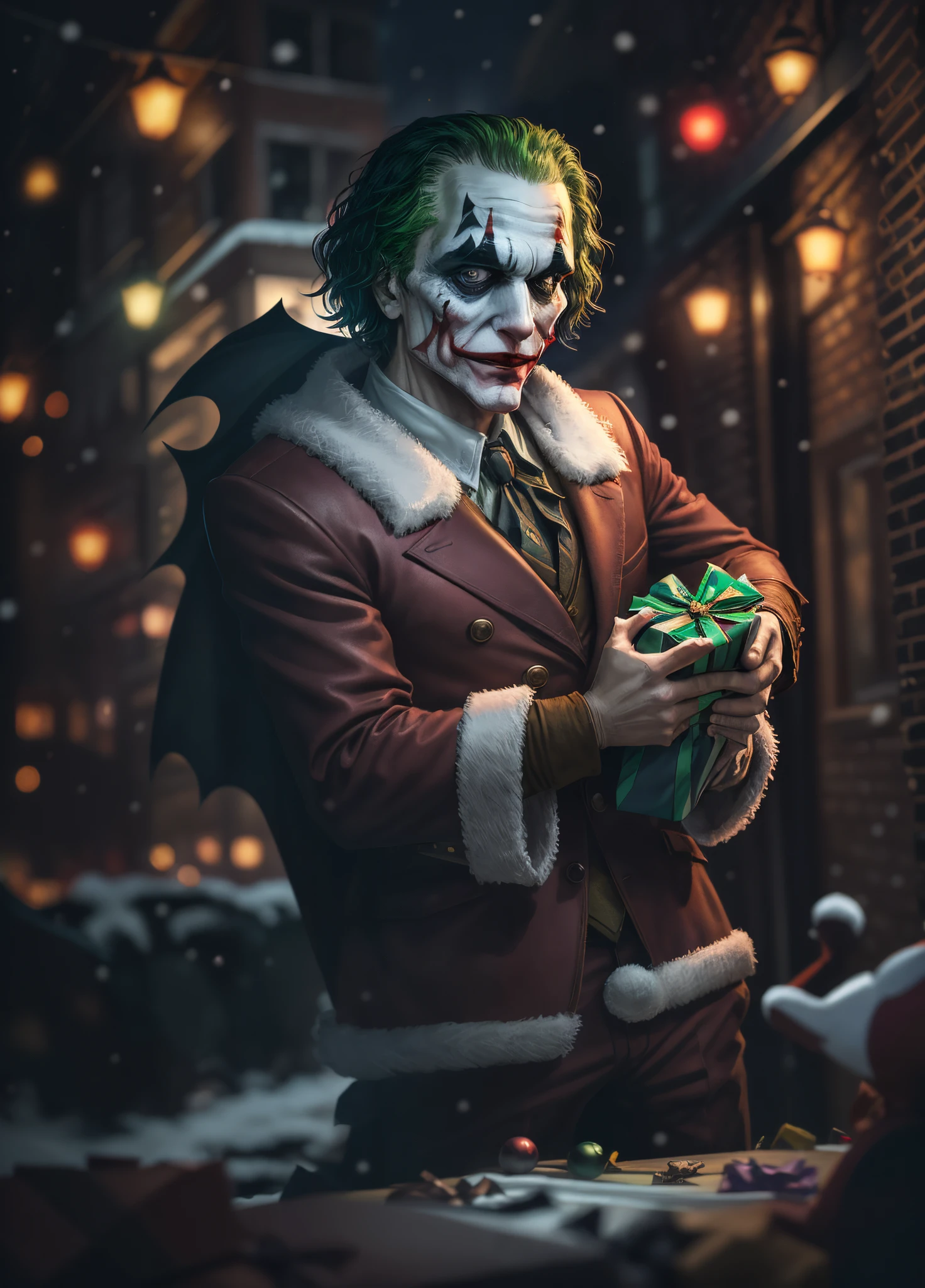 Masterpiece in HD resolution, DC Comics and Christmas style. | The Joker, the iconic villain from DC Comics, surprises by donning Santa Claus attire. In his hands, he holds a sack of presents filled with Batman toys. His sinister smile suggests a unique approach to the festive season. | The scene unfolds in a dark alley in Gotham City, with the Joker illuminating the darkness with his peculiar presence. The Christmas atmosphere is intensified by the holiday lights and falling snowflakes. | The composition highlights the Joker in the center of the scene, with an oblique angle that enhances his malicious gaze. The camera captures the tension between the character and the contrast between festivity and the dark nature of Gotham. | Effects include contrasting lighting, deep shadows, and sharp details. | Intriguing scene of the Joker as Santa Claus with Batman toys in the style of DC Comics and Christmas | He is adopting a dynamic pose as interacts, boldly leaning on a large structure, leaning back in a dynamic way:1.3), ((full body)), perfect hand, fingers, hand, perfect, better_hands --auto --s2