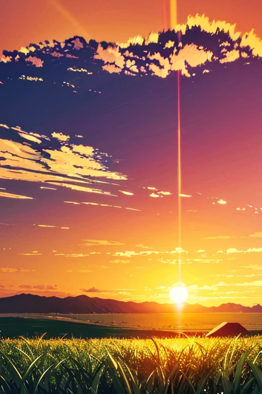 4k image, cute illustration. amazing landscape with a sunset and a large plain with big mountains in the background. On this plain, there are only some trees and green grass. One guy is on a cliff in the firstground and he is looking at the scenery.