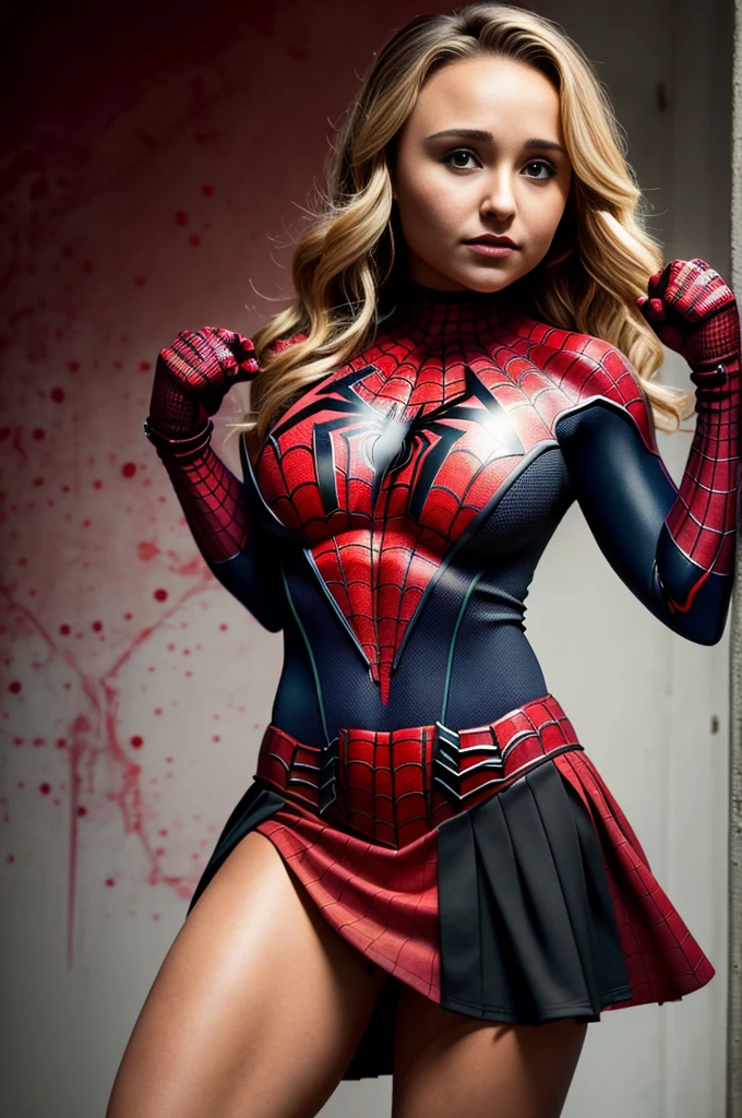 Hayden Panettiere、Sticking out the navel、newyork、She wears a torn Spider-Man suit,wearing skirt、 Red and black color scheme,Dynamic、​masterpiece、top-quality、ultra-detailliert、ighly detailed、beautiful detailed brilliance、超A high resolution