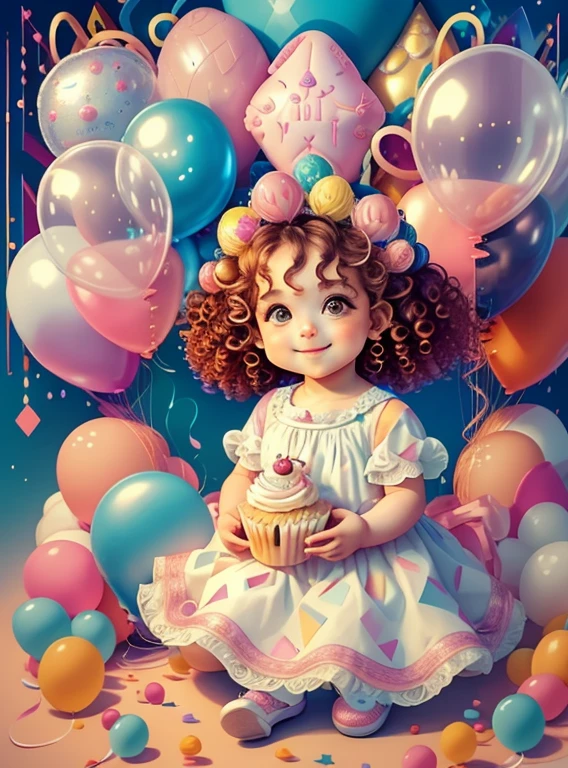 (cute baby girl smiling with curly hair and cupcakes and ballons), Munchkin ,Geometric multidimensional wall portrait, livro de arte, Tchibi,
Yang08k, Beautiful, Colouring,
Obras, of the highest quality, best quality, Arte Oficial, Beautiful and Aesthetic,