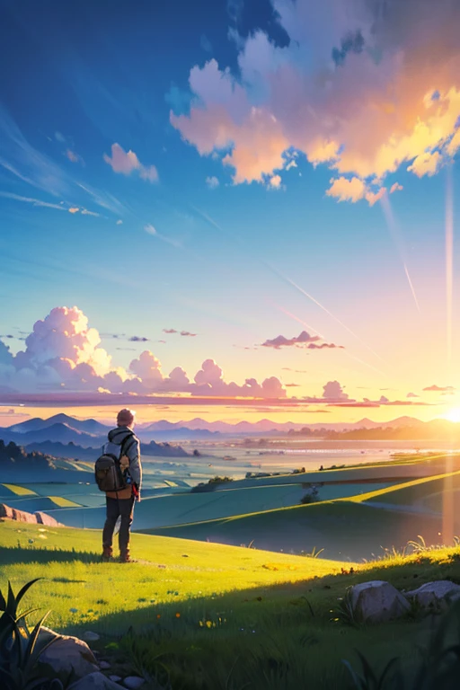4k image, cute illustration. amazing landscape with a sunset and a large plain with big mountains in the background. On this plain, there are only some trees and green grass. One guy is on a cliff in the firstground and he is looking at the scenery.