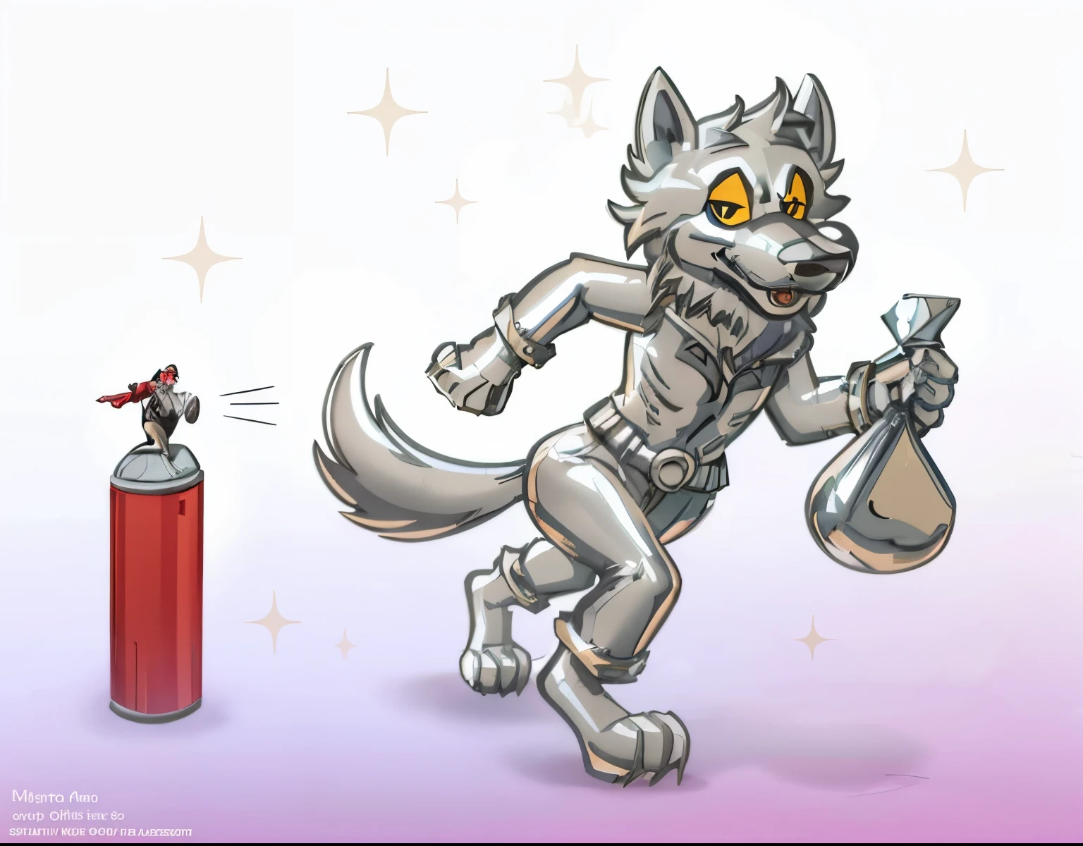 cartoon wolf, silver statue, stealing money, running pose, wolf statue falls, side pose, high detail, realistic style, vibrant colors, soft lighting