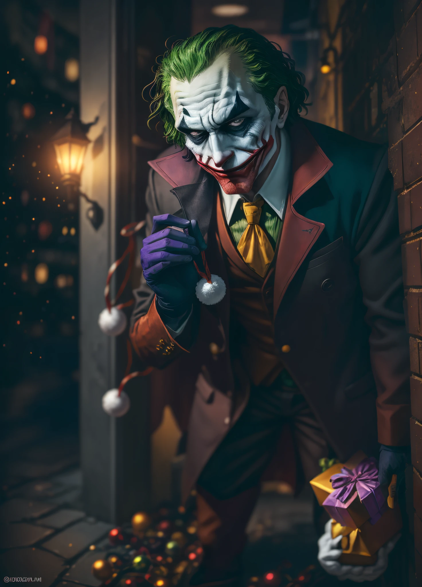 Masterpiece in HD resolution, DC Comics and Christmas style. | The Joker, the iconic villain from DC Comics, surprises by donning Santa Claus attire. In his hands, he holds a sack of presents filled with Batman toys. His sinister smile suggests a unique approach to the festive season. | The scene unfolds in a dark alley in Gotham City, with the Joker illuminating the darkness with his peculiar presence. The Christmas atmosphere is intensified by the holiday lights and falling snowflakes. | The composition highlights the Joker in the center of the scene, with an oblique angle that enhances his malicious gaze. The camera captures the tension between the character and the contrast between festivity and the dark nature of Gotham. | Effects include contrasting lighting, deep shadows, and sharp details. | Intriguing scene of the Joker as Santa Claus with Batman toys in the style of DC Comics and Christmas | He is adopting a dynamic pose as interacts, boldly leaning on a large structure, leaning back in a dynamic way:1.3), ((full body)), perfect hand, fingers, hand, perfect, better_hands --auto --s2