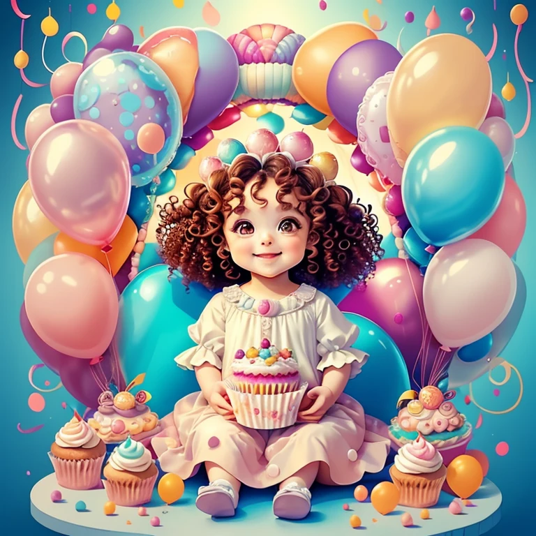 (cute baby girl smiling with curly hair and cupcakes and ballons), Munchkin ,Geometric multidimensional wall portrait, livro de arte, Tchibi,
Yang08k, Beautiful, Colouring,
Obras, of the highest quality, best quality, Arte Oficial, Beautiful and Aesthetic,