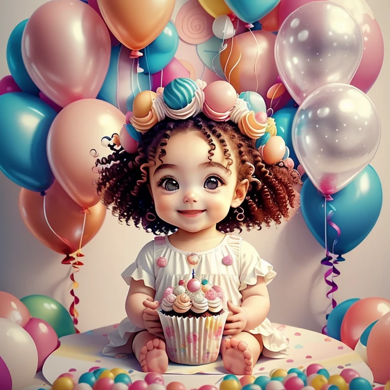 (cute  smiling with curly hair and cupcakes and ballons), Munchkin ,Geometric multidimensional wall portrait, livro de arte, Tchibi,
Yang08k, Beautiful, Colouring,
Obras, of the highest quality, best quality, Arte Oficial, Beautiful and Aesthetic,