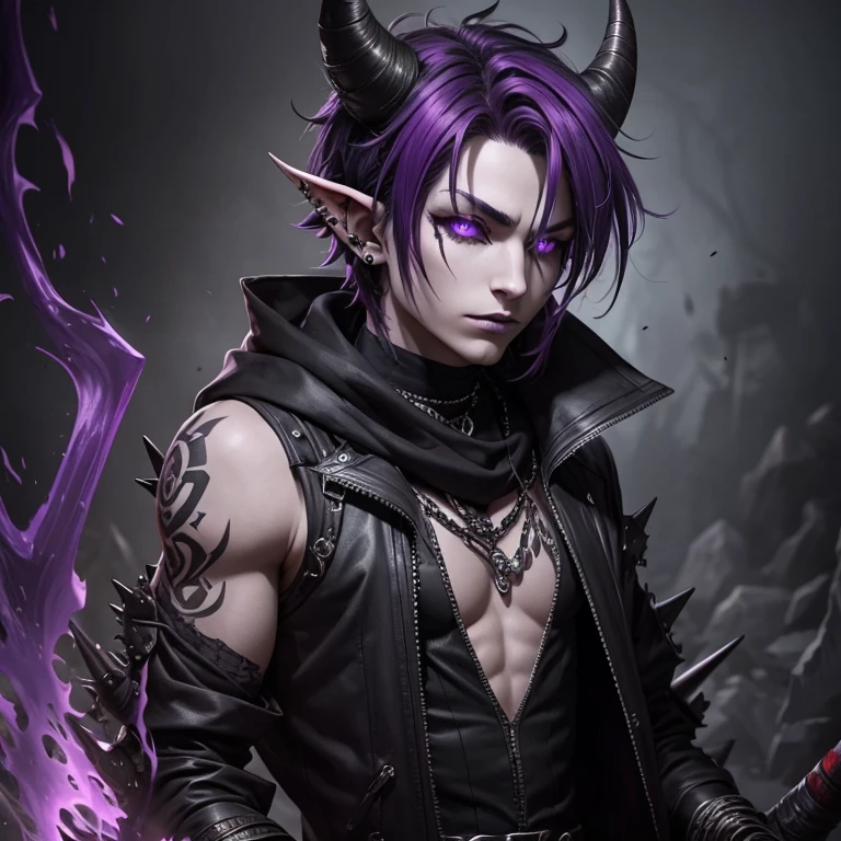 tiefling demon mix. dark grey short shaggy hair, smoky, layered horns, assassin, , piercings, spikes, facial piercings, purple skin tone,  fantasy, medieval, fem-boy, male, emo, large horns