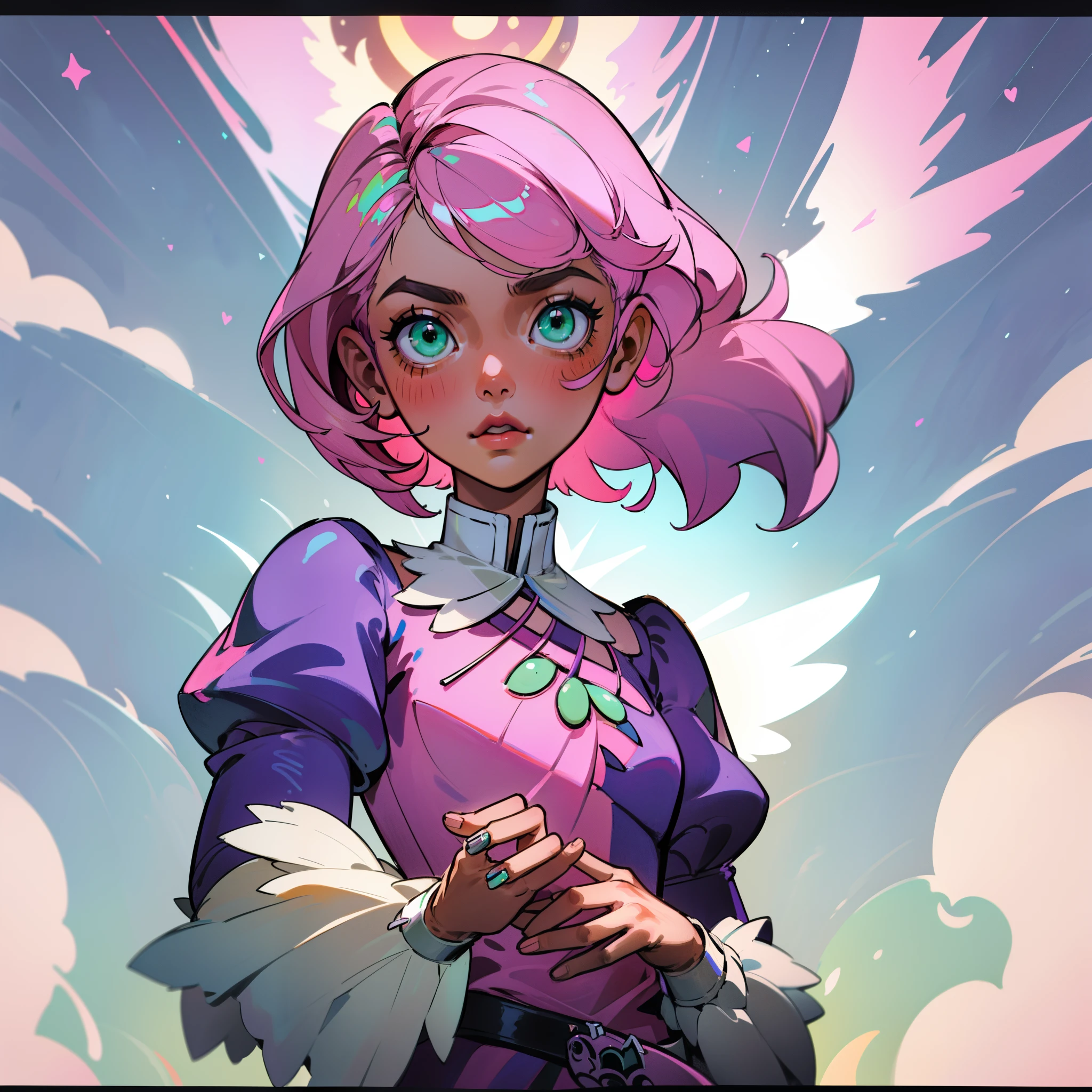 Alisa bosconovitch, iris dos olhos cintilantes verdes, melhor qualidade, contemporary, estilo plano, minimalismo, Green Eyes Flat Illustration, cabelo rosa, cabelo curto, cabelos multicoloridos, Camisa Preta, mechanical wings, Head Portrait Close-U, peito pontudo, decote, super decote, middlebreasts, Tekken, cabelo rosa pastel, 1girl, em quimono, hand-painted, Desenho de linha sem cor, colorida do yandere pastel, Tekken, Super cute pink hair girl with gothic makeup on the side, figura esbelta, robusto, He sat on the floor, cabelos muito curtos, com orelhas de gato, quadratic element, kawaii cor-de-rosa na roupa da era de 1910, Alisa Bosconovich pink lips, no estilo da paleta de cores suave aurorapunk, an anime illustration of his face, gifs animados, hand drawn animation, charming sketches, suave e brilhante, romantismo nebuloso, Estilo Superflat, perspectiva, Close-up, Girado, de lado, de cima, corte, atmosphric perspective