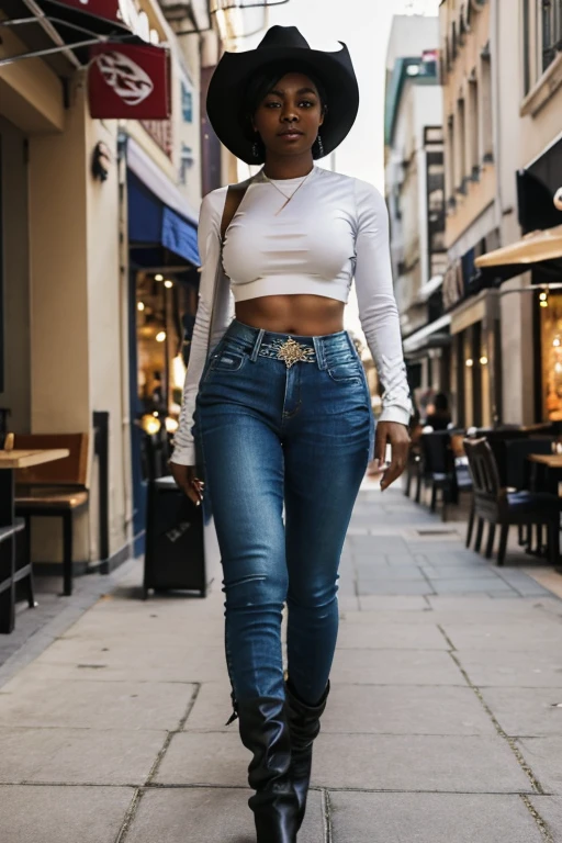 over weight, black woman, short hair, natural hair, big butt, latex boots, tight jeans, white crop top, big breasts, cowboy hat, walking street, next to restaurant