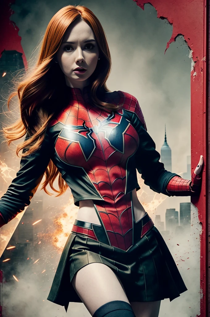 Karen Gillan、Sticking out the navel、newyork、She wears a torn Spider-Man suit,wearing skirt、 Red and black color scheme,Dynamic、​masterpiece、top-quality、ultra-detailliert、ighly detailed、beautiful detailed brilliance、超A high resolution