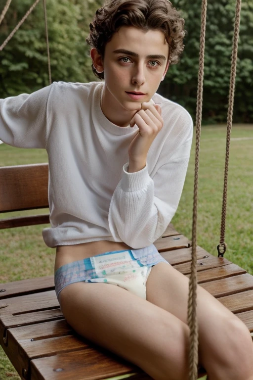 timothée chalamet, young man, very skinny, 18 years old, naked, sitting on a swing, wearing a diaper