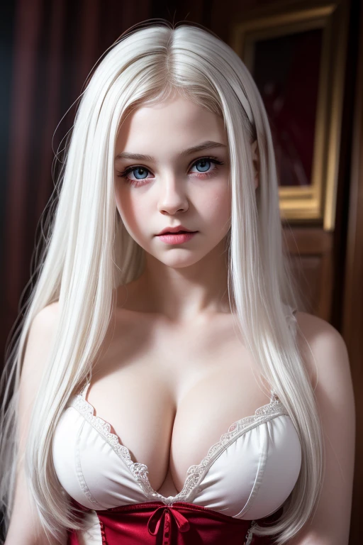 young preteen vampire girl, (vampire:1), (preteen:1), (very pale skin:1), (red eyes:1.1), (white hair:1), (cleavage:1), (chubby cheeks:1),