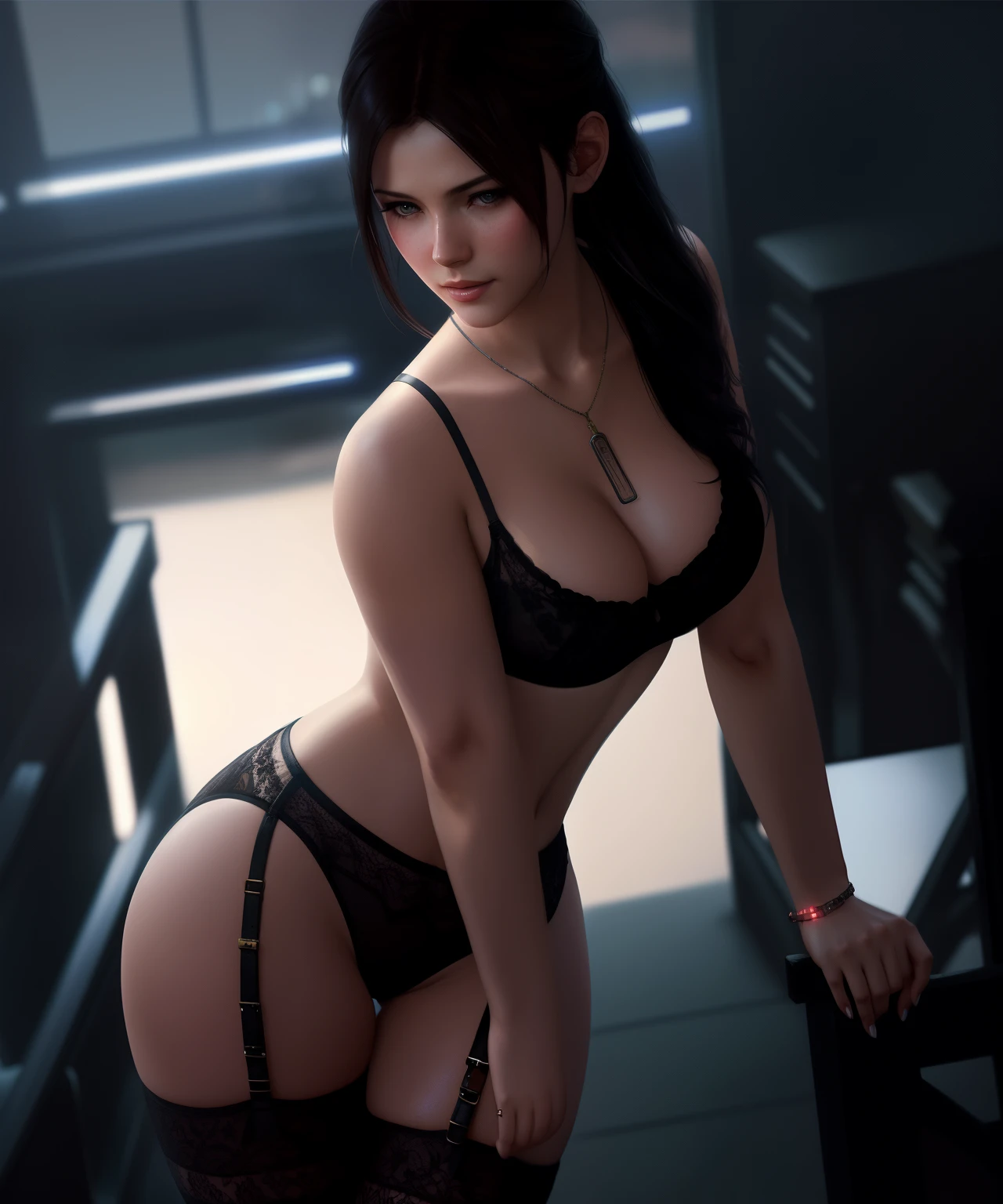 Claire Redfield, a cute woman, in black lace lingerie, lace stockings, open red jacket, busty, sexy, perfect body, perfect figure, perfect lighting, posing, by conor harrington, (looking at viewer:1.1) (from above:1.1), (Cyberpunk), futuristic, neon, urban, dystopian, cyberpunk, in heavy raining futuristic tokyo rooftop cyberpunk night, sci-fi, fantasy, intricate, very very beautiful, elegant, neon light, highly detailed, digital painting, artstation, concept art, soft light, hdri, smooth, sharp focus, illustration, art by tian zi and craig mullins and wlop and alphonse mucha