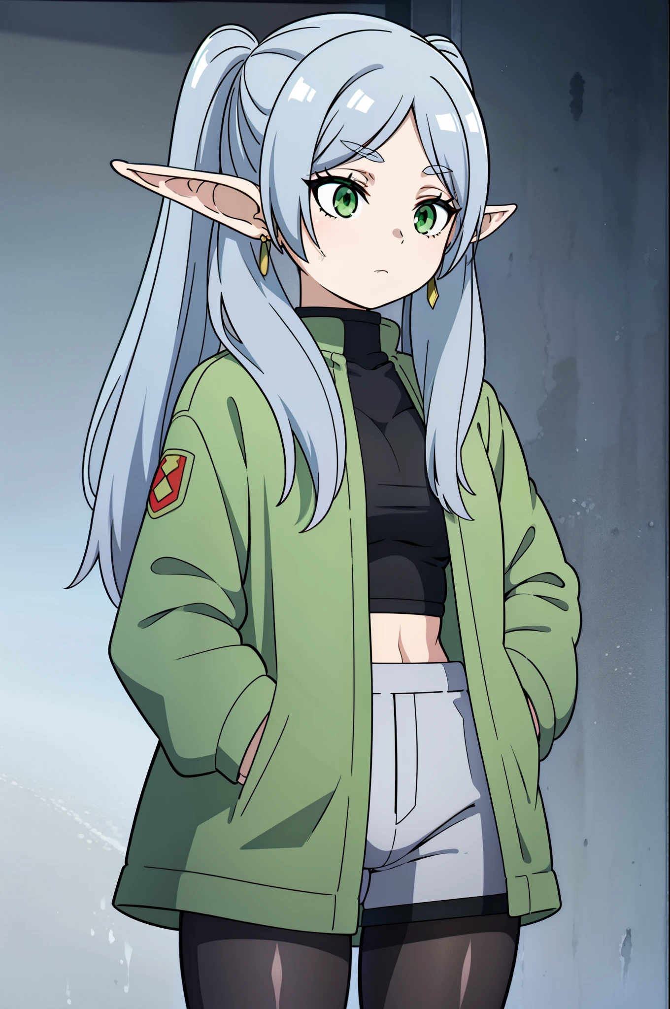 masterpiece, illustration, best quality, 8k, 1girl, solo, frieren, long hair, twintails, (green eyes:1.2), grey hair, pointy ears, elf, serious, calm behaviour, inexpressive, medium breasts, shorts, (pantyhose), jacket, big jacket, thighs, abs, (hands on pockets), ((close-up)), upper body