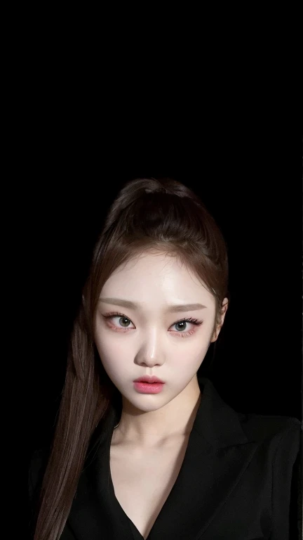 Un primer plano de una mujer con cabello largo con una camisa negra, Blackpink Jennie, Retrato de Jossi de Blackpink, con cara redonda, Sha Xi, Korean symmetrical face, JIA, maquillaje popular de Corea del Sur, portrait of female Korean idol, Jinyoung Shin, maquillaje coreano popular, inspirado por Yanjun Cheng, Yanjun Chengt, Jossi de Blackpink
