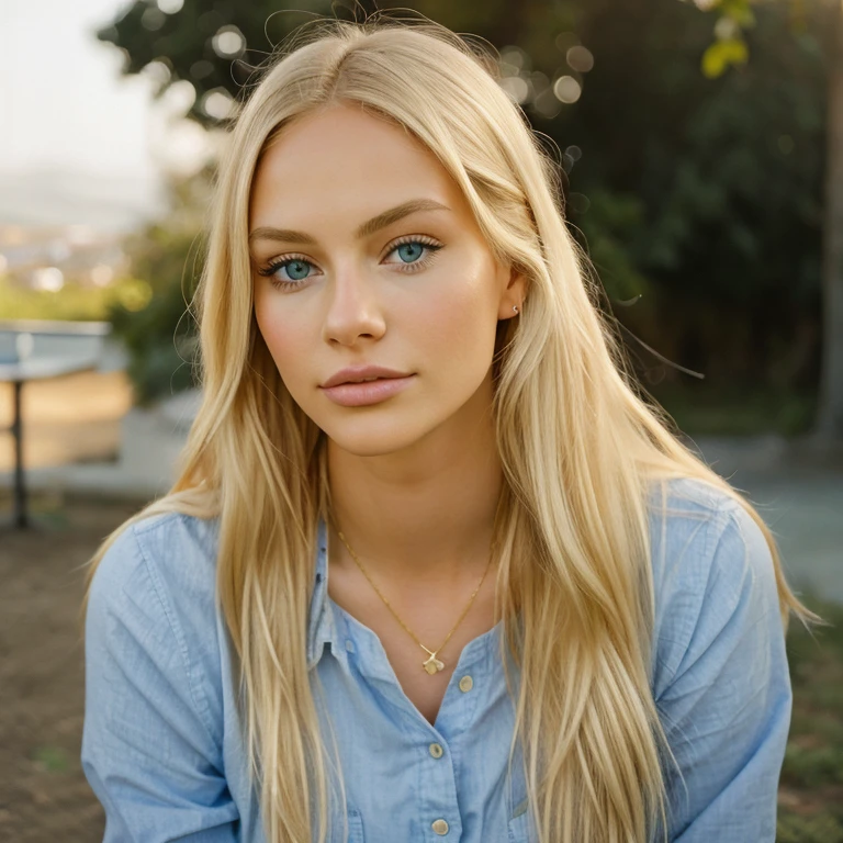 A photorealistic portrait of a 24-year-old American girl with long blonde hair and blue eyes. She should have a natural, approachable expression and be illuminated by soft, golden-hour sunlight. The background should be a scenic outdoor setting, perhaps a sunlit park or beach. Capture this image with a high-resolution photograph using an 85mm lens for a flattering perspective.