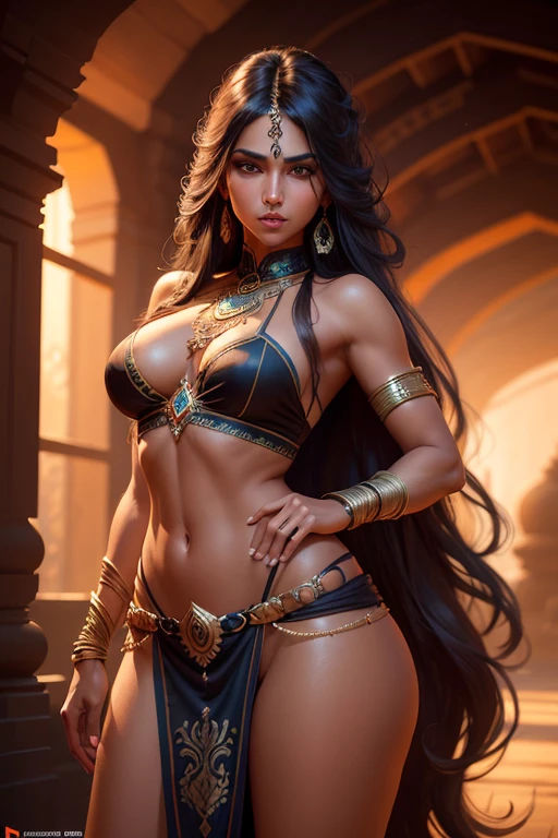 a beautiful woman in Indian style, long hair, tan skin, dynamic pose, intricate, highly detailed, a masterpiece, 8k resolution, dark fantasy concept art, dynamic lighting, hyperdetailed, intricately detailed, Splash screen art, trending on Artstation, deep color, Unreal Engine