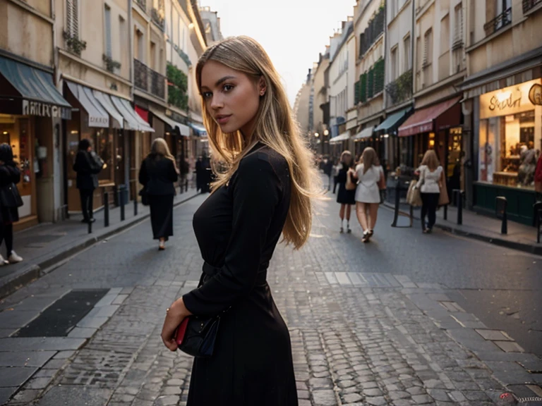 Profile view from the side, diffusion image model of a 27-year-old, 170cm tall, physically fit woman, blonde hair, light skin, Breasts are large. Enjoying time with her best friend. Wearing a seky, thight black dress, strolling the charming streets of Paris. Her presence exudes youth and strength, and she gazes directly into the camera, capturing a powerful moment in the heart of the city of love.
