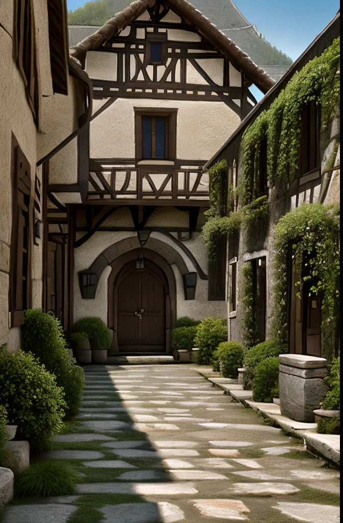 medieval village of gondor in the seigneur des anneaux, paysage, petites maison, route pavée.